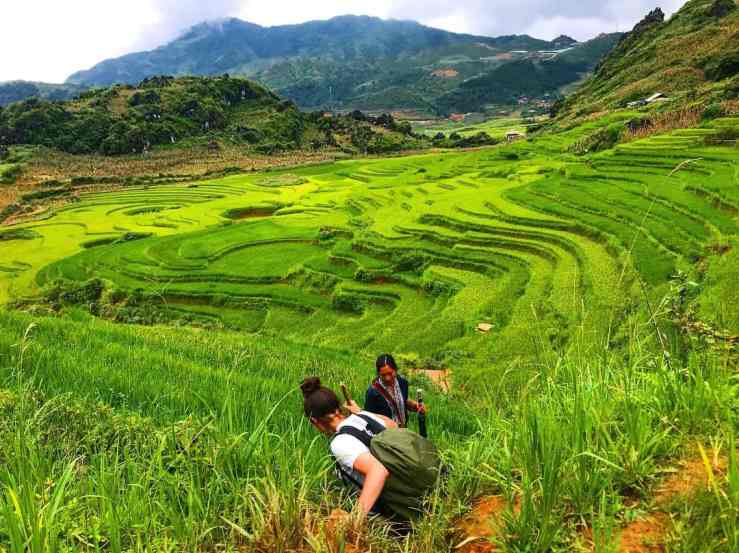A-Girl-and-Her-Trekking-Guide-Make-Their-Way-Down-The-Rice-Terraces-In-Sapa